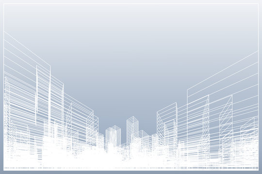 Abstract wireframe city background. Perspective 3D render of building wireframe. Vector.