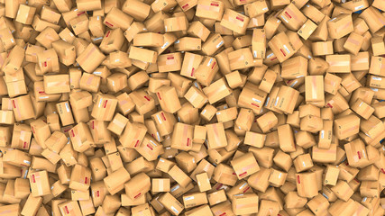 3d illustration of hundreds of cardboard parcels lying on a heap