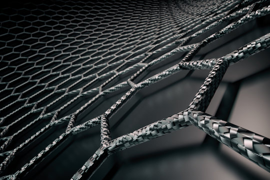 3D rendering of graphene surface, black bonds with carbon structure, glossy surface