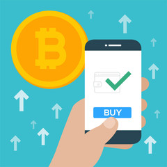 Concept buy of cryptocurrency technology, bitcoin exchange, mobile banking. Hand holding smartphone, pay and send bitcoins. Surging to record high