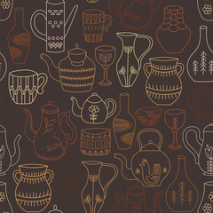 Kettles, cups and jugs seamless pattern. Hand-drawn objects of old household utensils on a white background. Vector illustration in brown tones. 