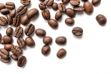 Roasted coffee beans isolated on white background. Close-up.