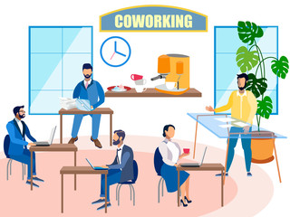 Interior coworking. People work. In minimalist style. Flat isometric vector