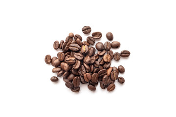 Roasted coffee beans isolated on white background. Close-up.