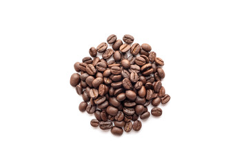 Roasted coffee beans isolated on white background. Close-up.