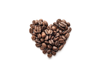 Heart shape of roasted coffee beans isolated on a white background.