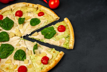 Delicious   pizza on a concrete background. Top view of hot pizza. 