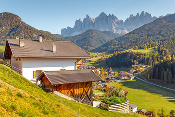Santa Maddalena village in Funes Valley in Dolomites Alps, Travel in Italy concept
