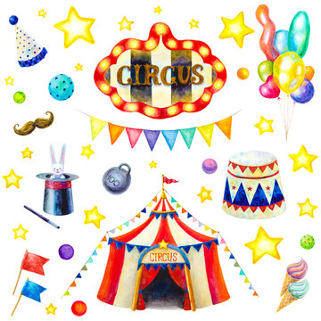 Watercolor illustration of circus set. Hand drawn isolated on a white background