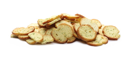 Bruschette chips, grilled bread with sour cream and onion snacks isolated on white background