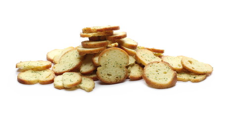 Bruschette chips, grilled bread with sour cream and onion snacks isolated on white background