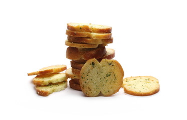 Bruschette chips, grilled bread with sour cream and onion snacks isolated on white background