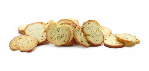 Bruschette chips, grilled bread with sour cream and onion snacks isolated on white background