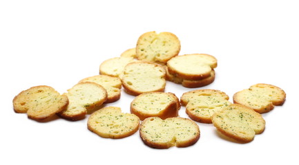 Bruschette chips, grilled bread with sour cream and onion snacks isolated on white background