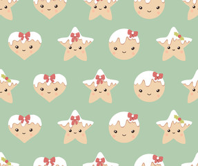 Winter seamless patterns with gingerbread cookies. Awesome holiday vector background.
