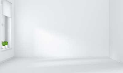 Light from window and empty white room interior for mockup, 3D rendering