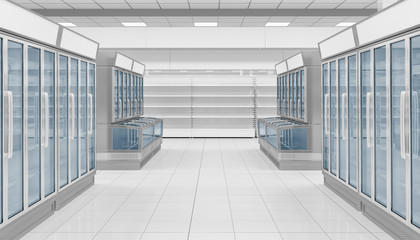 Refrigerated cabinets with glazed walls in the interior of the supermarket. 3d illustration
