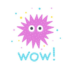 Sea urchin vector illustration with wow lettering. Funny sea creature on white background