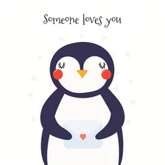 Foto op Plexiglas Hand drawn Valentines day card with cute penguin with a letter, hearts, text Someone loves you. Isolated objects on white. Vector illustration. Scandinavian style flat design. Concept for kids print. © Maria Skrigan