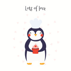 Hand drawn Valentines day card with cute funny penguin with cupcake, hearts, text Lots of love. Isolated objects on white. Vector illustration. Scandinavian style flat design. Concept for kids print.