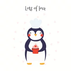 Rolgordijnen Hand drawn Valentines day card with cute funny penguin with cupcake, hearts, text Lots of love. Isolated objects on white. Vector illustration. Scandinavian style flat design. Concept for kids print. © Maria Skrigan