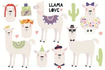 Door stickers Illustrations Set of cute llamas, in a crown, autumn leaves wreath, party hat, sailor cap, with flowers. Isolated objects on white. Hand drawn vector illustration. Scandinavian style flat design. Concept kids print