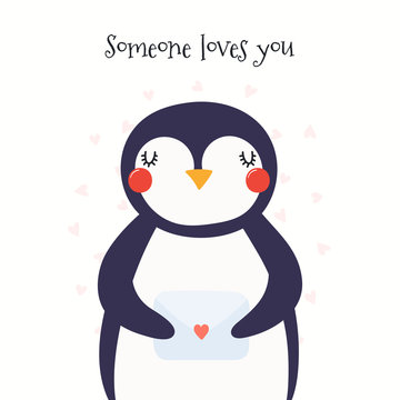 Hand drawn Valentines day card with cute penguin with a letter, hearts, text Someone loves you. Isolated objects on white. Vector illustration. Scandinavian style flat design. Concept for kids print.
