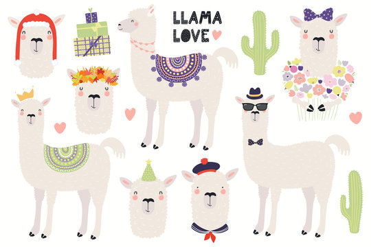 Set of cute llamas, in a crown, autumn leaves wreath, party hat, sailor cap, with flowers. Isolated objects on white. Hand drawn vector illustration. Scandinavian style flat design. Concept kids print