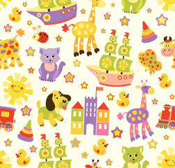 Plakat Seamless baby pattern with cute animals and toys . Vector bright illustration for kids. Seamless childrens background for wallpapers or textile.