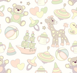 Seamless baby pattern with cute animals and toys . Vector bright illustration for kids. Seamless childrens background for wallpapers or textile.