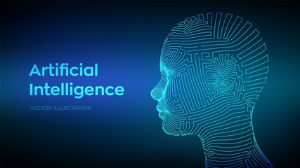 AI. Artificial intelligence concept. Ai digital brain. Abstract digital human face. Human head in robot computer interpretation. Robotics concept. Wireframe head concept. Vector illustration.
