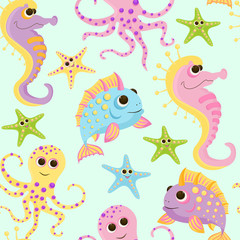 Seamless baby pattern with cute fish in ocean. Vector bright sea life illustration for kids. Seamless childrens background for wallpapers or textile.