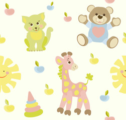 Naadloos babypatroon met schattige dieren en speelgoed. Heldere vectorillustratie voor kinderen. Naadloze kinder achtergrond voor wallpapers of textiel.