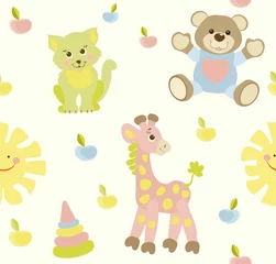 Rolgordijnen Speelgoed Naadloos babypatroon met schattige dieren en speelgoed. Heldere vectorillustratie voor kinderen. Naadloze kinder achtergrond voor wallpapers of textiel.