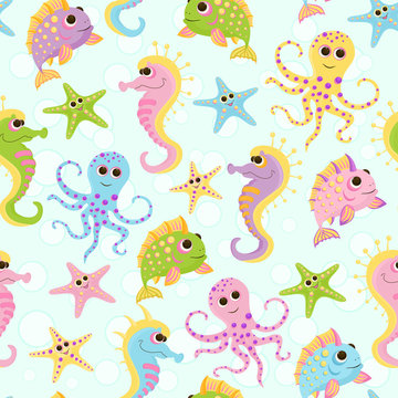 Seamless baby pattern with cute fish in ocean. Vector bright sea life illustration for kids. Seamless childrens background for wallpapers or textile.