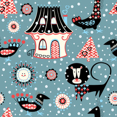 Seamless baby pattern with cute animals and toys . Vector bright illustration for kids. Seamless childrens background for wallpapers or textile.