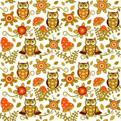 Seamless baby pattern with cute owls ahd flowers in magic forest. Vector bright illustration for kids. Seamless childrens background for wallpapers or textile.