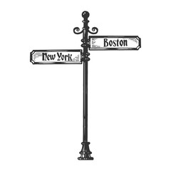 Old american urban road signpost pointer vector illustration. Scratch board style imitation. Black and white hand drawn image. © Oleksandr Pokusai