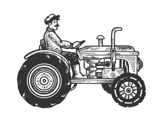 Agricultural tractor engraving vector illustration. Scratch board style imitation. Black and white hand drawn image. © Oleksandr Pokusai