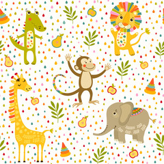 Seamless baby pattern with cute animals and toys . Vector bright illustration for kids. Seamless childrens background for wallpapers or textile.