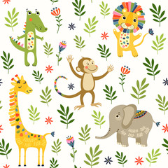 Seamless baby pattern with cute animals and toys . Vector bright illustration for kids. Seamless childrens background for wallpapers or textile. © Alena
