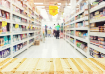 Supermarket or retail store blur background. That is a self-service shop offer grocery and variety of food, beverage and household product on shelf or rack. For shopping background or product display.