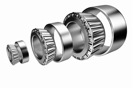 3D rendering. Automotive bearings auto spare parts. Tapered roller bearing isolated on a white background. Wheel bearing for truck, heavy duty and car.