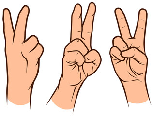 Cartoon graphic white human hands. Showing peace gesture or sign. Isolated on white background. Vector icons set.