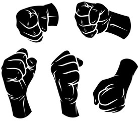 Cartoon graphic black silhouette human hands. Showing knuckle gesture or sign. Isolated on white background. Vector icons set.