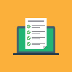 Checklist window. Check mark. White tick on laptop screen. Choice, survey concepts. Elements for web banners, websites, infographics. Flat design, vector illustration on background.