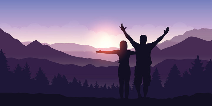happy couple with arms raised enjoy the mountain landscape view at sunrise vector illustration EPS10