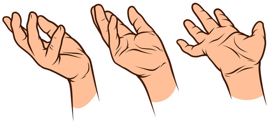Cartoon graphic white human hands. Showing empty palm gesture or sign. Isolated on white background. Vector icons set.