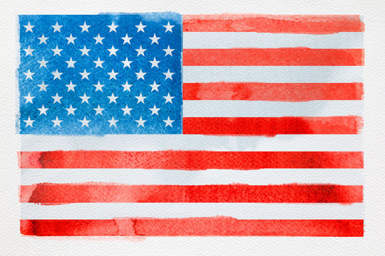 Concept of traveling. Watercolor American flag on white