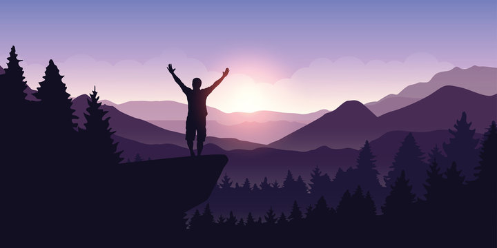 happy man with arms raised stands on top of a cliff in mountain landscape at sunrise vector illustration EPS10